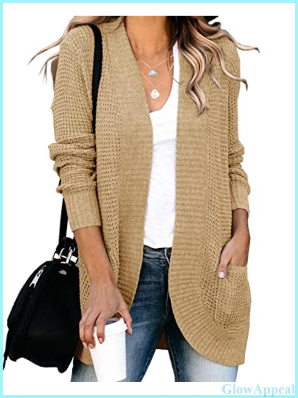 Waffle Knit Cocoon Cardigan Open Front Lightweight Pockets